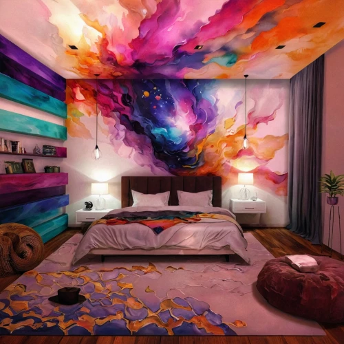 sleeping room,great room,interior design,duvet cover,interior decoration,children's bedroom,modern decor,flower wall en,wall decoration,psychedelic art,canopy bed,color wall,boho art,the little girl's room,guest room,contemporary decor,wall paint,flower blanket,bedroom,modern room,Illustration,Paper based,Paper Based 04