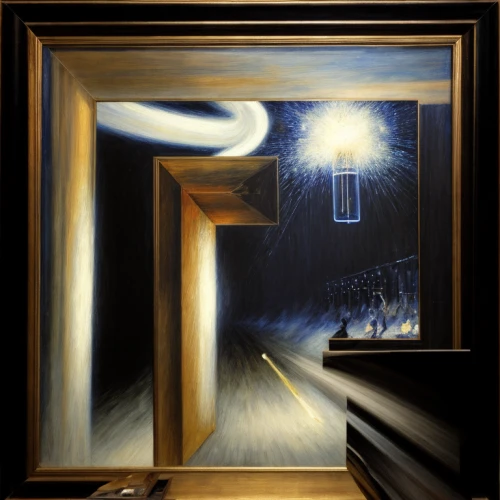 the threshold of the house,threshold,incidence of light,metallic door,surrealism,open door,play escape game live and win,sci fiction illustration,parallel worlds,the door,random access memory,night scene,creepy doorway,door to hell,oil painting on canvas,the illusion,hall of the fallen,passage,world digital painting,heaven gate,Calligraphy,Painting,Surrealism