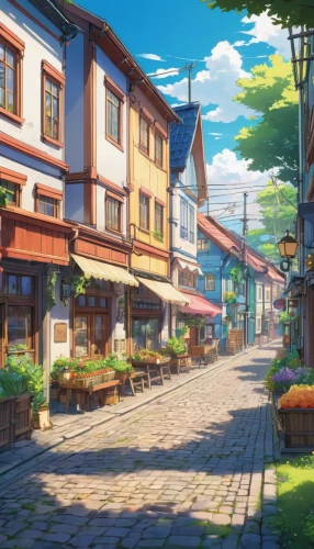 violet evergarden,aurora village,spa town,euphonium,meteora,shopping street,cobblestone,studio ghibli,darjeeling,resort town,old town,street scene,the cobbled streets,oktoberfest background,cobblestones,wooden houses,neighborhood,alpine village,seaport,small towns,Illustration,Japanese style,Japanese Style 03