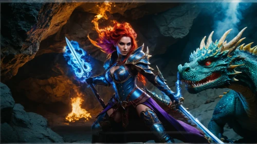 massively multiplayer online role-playing game,female warrior,heroic fantasy,blue enchantress,dragon slayer,fantasy picture,fantasy art,symetra,fantasy warrior,draconic,dragon li,dragon fire,dragon slayers,fantasy woman,paysandisia archon,sorceress,monsoon banner,fire background,firedancer,fire siren