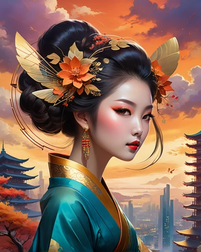 oriental princess,geisha girl,chinese art,oriental painting,oriental girl,oriental,geisha,mulan,japanese art,lotus blossom,golden lotus flowers,fantasy portrait,world digital painting,jasmine blossom,chinese style,fantasy art,plum blossoms,plum blossom,sacred lotus,taiwanese opera,Illustration,Realistic Fantasy,Realistic Fantasy 01