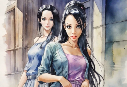 anime japanese clothing,chinese art,two girls,watercolor painting,anime cartoon,watercolor women accessory,amano,oriental painting,beautiful girls with katana,young women,watercolor,watercolor background,anime 3d,perfume,oriental princess,fashion dolls,japanese art,oriental,anime,oriental longhair