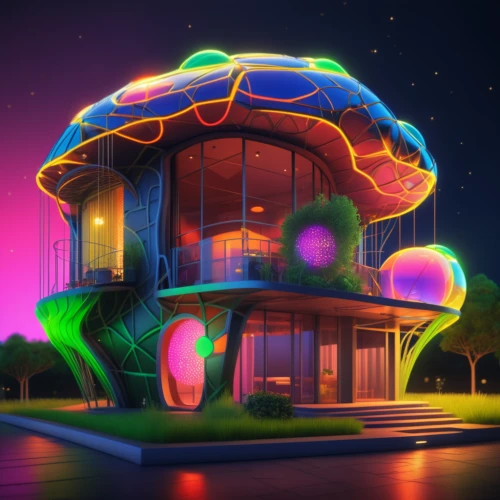 club mushroom,mushroom landscape,treehouse,neon coffee,ufo interior,mushroom island,flying saucer,cubic house,3d render,planetarium,neon candies,futuristic landscape,stylized macaron,futuristic art museum,neon ghosts,sky space concept,hub,nightclub,cube house,playhouse,Photography,General,Realistic