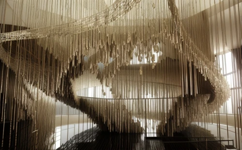 bamboo curtain,kinetic art,soumaya museum,wire sculpture,paper art,harp strings,weaving,mosquito net,spider silk,wire light,installation,cellophane noodles,woven rope,macrame,theater curtain,klaus rinke's time field,chandelier,hanging chair,spider net,net-winged insects