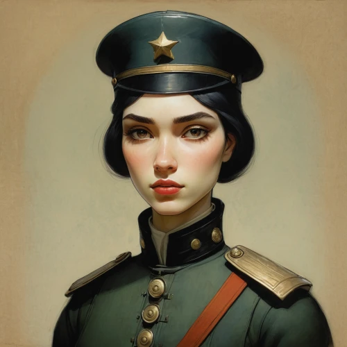 military officer,beret,military person,cadet,military uniform,vintage female portrait,orders of the russian empire,game illustration,peaked cap,yuri gagarin,imperialist,fantasy portrait,colonel,soldier,vintage woman,portrait background,russia,bellboy,a uniform,vintage girl,Illustration,Abstract Fantasy,Abstract Fantasy 09
