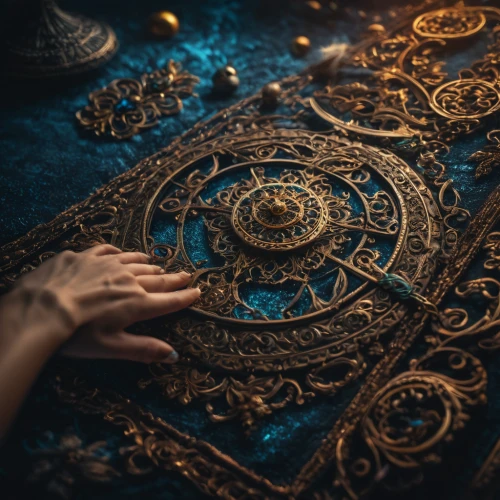 playmat,watchmaker,clockmaker,divination,mechanical puzzle,antique background,magic grimoire,ornate pocket watch,treasure map,magic book,time spiral,3d fantasy,meticulous painting,gold foil art,mandala framework,fantasy art,digital compositing,antiquariat,treasure,ramadan background,Photography,General,Fantasy