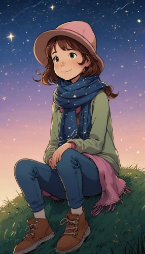worried girl,girl lying on the grass,stargazing,girl wearing hat,akko,on the grass,countrygirl,in the field,falling stars,clover meadow,falling star,dipper,in the tall grass,clementine,studio ghibli,kids illustration,girl sitting,picking flowers,girl in a long,moon boots,Illustration,Children,Children 02