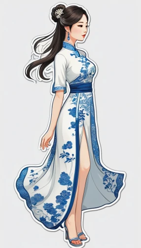 ao dai,hanbok,girl in a long dress,oriental princess,wuchang,mukimono,mulan,oriental girl,long dress,jasmine blossom,rice paper roll,a girl in a dress,white winter dress,rice paper,oriental longhair,girl in a long dress from the back,xiaochi,country dress,white blossom,chinese style,Unique,Design,Sticker