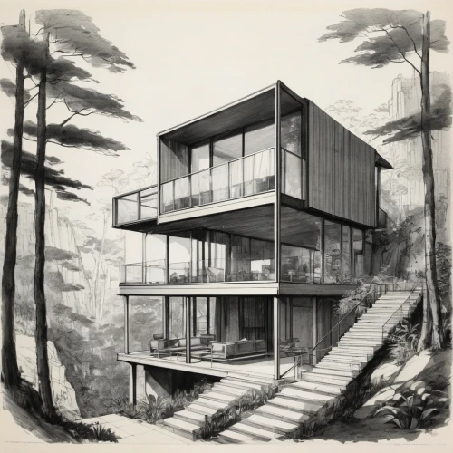 mid century house,timber house,mid century modern,house in the forest,dunes house,cubic house,house drawing,mid century,archidaily,inverted cottage,wooden house,modern architecture,modern house,ruhl house,the cabin in the mountains,cube house,frame house,house in the mountains,summer house,holiday home,Illustration,Black and White,Black and White 23