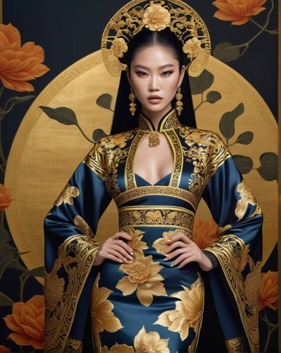 oriental painting,oriental princess,chinese art,geisha,mulan,geisha girl,inner mongolian beauty,oriental girl,golden lotus flowers,oriental,taiwanese opera,chinese style,shuanghuan noble,asian costume,japanese art,peking opera,sacred lotus,asian culture,yi sun sin,golden dragon,Illustration,Realistic Fantasy,Realistic Fantasy 08