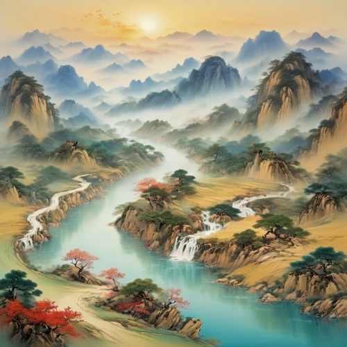 mountainous landscape,river landscape,mountain landscape,chinese art,mountain scene,landscape background,oriental painting,mountainous landforms,yunnan,fantasy landscape,desert landscape,luo han guo,panoramic landscape,xing yi quan,chinese background,huashan,the landscape of the mountains,karst landscape,yellow mountains,high landscape