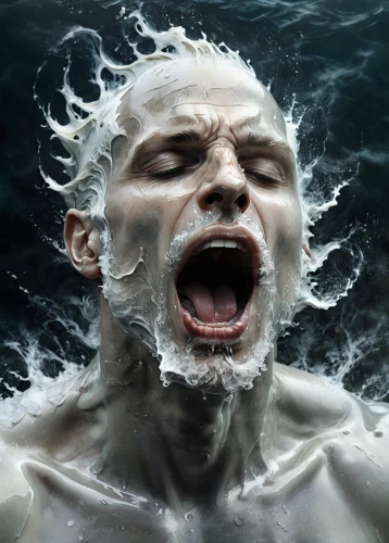 poseidon god face,god of the sea,the man in the water,poseidon,sea god,sea water splash,splash photography,submerge,immersed,sea man,water splash,drowning in metal,man at the sea,the wind from the sea,tidal wave,submerged,swimmer,water creature,whirlpool,sea storm,Illustration,Abstract Fantasy,Abstract Fantasy 18