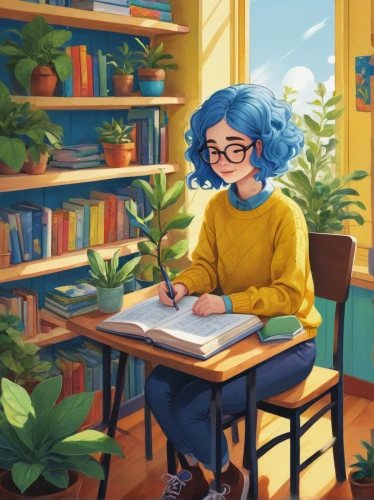 girl studying,bookworm,study room,study,librarian,reading,classroom,writing-book,reading glasses,coffee and books,tea and books,bookstore,dandelion hall,library,book store,tutor,relaxing reading,scholar,author,reading room,Illustration,Paper based,Paper Based 27