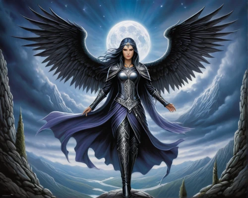 dark angel,death angel,the archangel,archangel,sorceress,uriel,angel of death,black angel,harpy,angelology,queen of the night,goddess of justice,heroic fantasy,raven girl,corvidae,blue enchantress,black raven,raven,angel wing,raven bird,Conceptual Art,Fantasy,Fantasy 30
