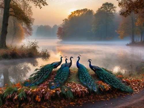 colorful birds,swan lake,autumn morning,autumn fog,peacock,autumn idyll,autumn scenery,autumn landscape,peafowl,fairy peacock,bird kingdom,tropical birds,blue peacock,splendid colors,wild birds,autumn day,fantasy picture,swans,in the autumn,birds on a branch,Photography,General,Natural