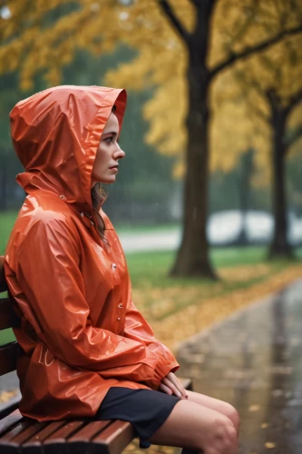 raincoat,rain suit,depressed woman,in the rain,woman sitting,weatherproof,girl sitting,woman thinking,man on a bench,walking in the rain,man with umbrella,protection from rain,parka,rainy day,red coat,rain protection,weather-beaten,national parka,rain bar,rainy weather,Photography,General,Cinematic