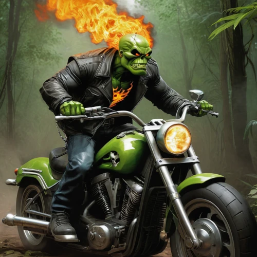 patrol,green goblin,biker,aaa,motorcycling,avenger hulk hero,cleanup,motorcyclist,firebrat,ork,motor-bike,harley-davidson,burnout fire,skull racing,motorbike,inflammable,heavy motorcycle,motorcycle,renegade,gas flame,Illustration,Realistic Fantasy,Realistic Fantasy 06