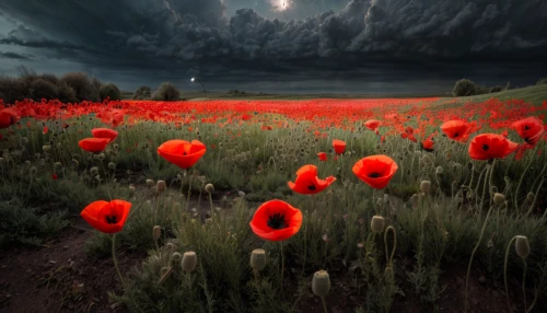 field of poppies,red poppies,poppy fields,poppy field,poppies,red poppy,papaver,poppy flowers,coquelicot,field of flowers,flower field,blanket of flowers,storm clouds,dramatic sky,volcanic field,tulip fields,splendor of flowers,blood moon,volcanic landscape,blood moon eclipse