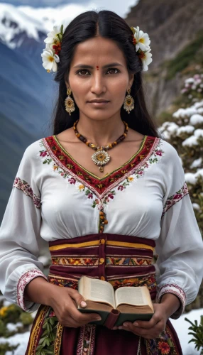 peruvian women,nomadic people,indian woman,collared inca,east-european shepherd,germanic tribes,novruz,zoroastrian novruz,woman holding pie,shamanism,ayurveda,tulsi,incas,annapurna,marvel of peru,biblical narrative characters,maras,girl with bread-and-butter,khuushuur,pachamama,Photography,General,Realistic