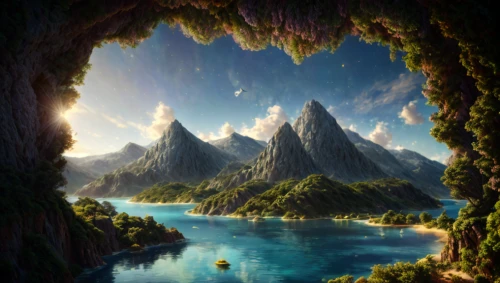 fantasy landscape,fantasy picture,an island far away landscape,mountainous landscape,karst landscape,landscape background,mountain world,fantasy art,3d fantasy,world digital painting,mountain landscape,fjord,giant mountains,mountainous landforms,mountain scene,moorea,beautiful landscape,polynesia,mountains,the landscape of the mountains