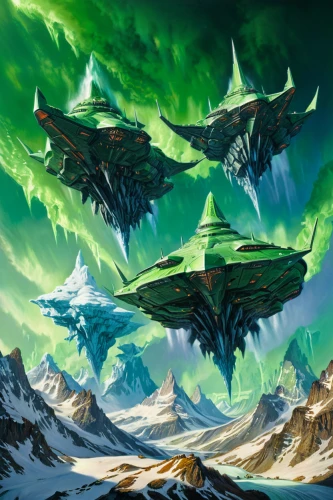 elves flight,patrol,heroic fantasy,argus,green aurora,northrend,airships,flying seeds,auroras,southern aurora,the storm of the invasion,dragon of earth,terraforming,guards of the canyon,green dragon,the order of the fields,federation,futuristic landscape,thermokarst,solar wind,Illustration,Realistic Fantasy,Realistic Fantasy 22