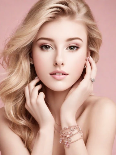 pink beauty,jeweled,bridal jewelry,jewelry,beautiful young woman,romantic look,gold bracelet,jewelries,model beauty,diamond jewelry,pink background,gold jewelry,elegant,beautiful face,jewellery,pretty young woman,christmas jewelry,beautiful model,young beauty,lycia