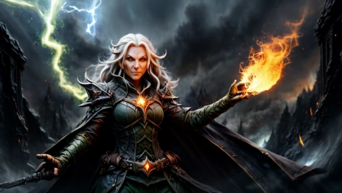 sorceress,dark elf,god of thunder,heroic fantasy,elven,dodge warlock,the enchantress,massively multiplayer online role-playing game,flickering flame,fire background,evil woman,lokportrait,fire siren,sterntaler,norse,strom,cleanup,female warrior,thor,pillar of fire