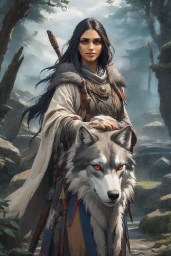 warrior woman,fantasy portrait,bohemian shepherd,heroic fantasy,female warrior,two wolves,howling wolf,fantasy picture,pocahontas,artemisia,wolves,fantasy art,shamanic,jaya,shamanism,fantasy woman,wolf couple,huntress,american indian,native american indian dog