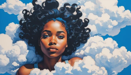 clouds - sky,sky,afro-american,clouds,african american woman,high-wire artist,cloud play,afroamerican,cloud image,cumulus,afro american girls,blue sky clouds,fall from the clouds,oil on canvas,oil painting on canvas,woman thinking,afro american,cumulus cloud,cumulus clouds,sky rose,Illustration,Paper based,Paper Based 01