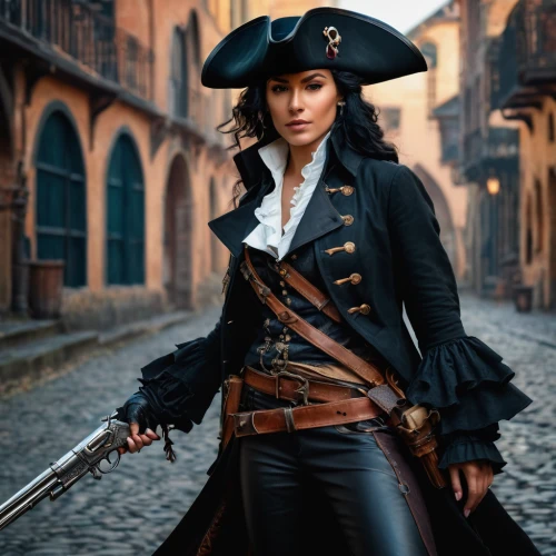 musketeer,tower flintlock,pirate,girl in a historic way,gunfighter,black pearl,girl with gun,girl with a gun,mayflower,flintlock pistol,woman holding gun,pirates,assassin,catarina,assassins,frock coat,hook,the hat of the woman,jolly roger,sheriff,Photography,General,Fantasy