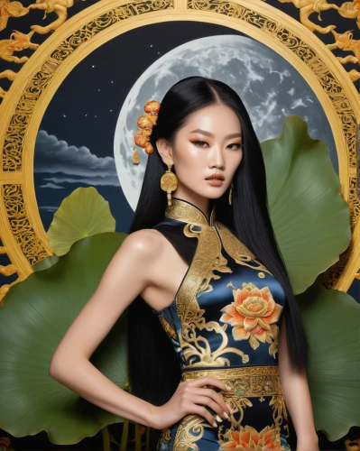 oriental painting,oriental princess,chinese art,mulan,oriental girl,golden lotus flowers,lotus blossom,oriental,asian vision,zodiac sign libra,miss vietnam,chinese style,sacred lotus,chinese horoscope,chinese background,yellow rose background,golden dragon,moon cake,asian costume,fantasy portrait,Illustration,Realistic Fantasy,Realistic Fantasy 08