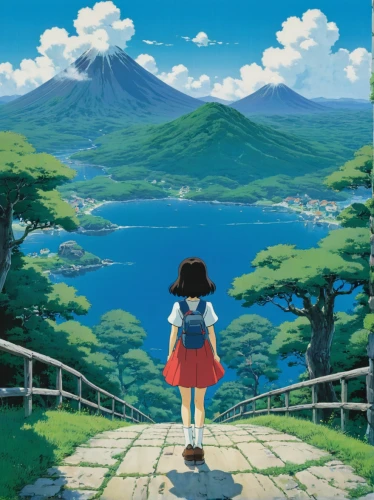 studio ghibli,dream world,shirakami-sanchi,fantasia,japanese alps,mountain world,would a background,pekapoo,scenery,world wonder,embrace the world,japanese sakura background,travel poster,background images,background image,yamada's rice fields,japan,ajika,blue mountain,the scenery,Illustration,Japanese style,Japanese Style 14