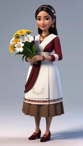 zoroastrian novruz,hanbok,marguerite,flower girl,quinceañera,marguerite daisy,spanish daisy,girl in flowers,holding flowers,a girl in a dress,folk costume,novruz,indian bride,princess anna,tiana,beautiful girl with flowers,adelita,country dress,with a bouquet of flowers,miss circassian,Unique,3D,3D Character