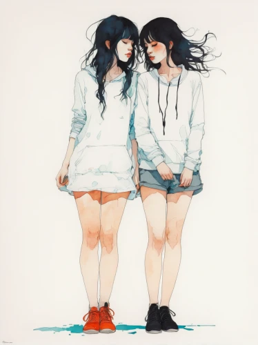 two girls,perfume,kimjongilia,shishamo,white clothing,in pairs,copic,mirroring,watercolors,mt seolark,thighs,watercolor,anaglyph,pair,little girls,apple pair,pairs,junco,young women,booties,Illustration,Paper based,Paper Based 19