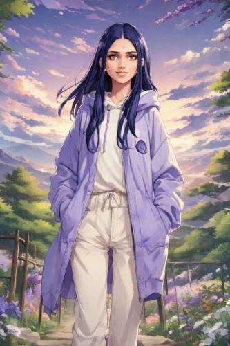 portrait background,hinata,parka,2d,anime japanese clothing,japanese sakura background,denim background,spring background,indigo,dusk background,purple background,wisteria,zodiac sign libra,sakura background,springtime background,jacaranda,jeans background,long-haired hihuahua,jacket,fashionable girl