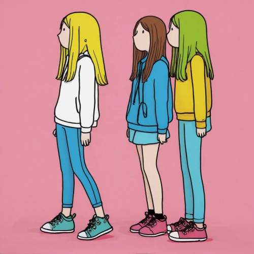 teens,teenagers,kids illustration,girls,young women,gazelles,school clothes,trainers,trio,teen,cute clothes,fashionable clothes,shishamo,youth,color block,sneakers,color blocks,three primary colors,neon colors,fashion vector,Illustration,Children,Children 06
