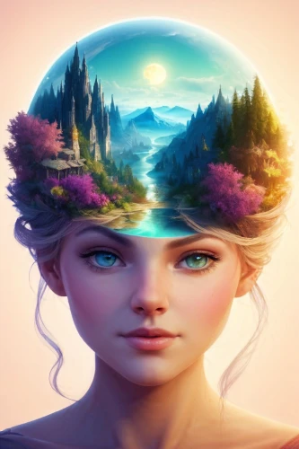 crystal ball,mystical portrait of a girl,mind-body,self hypnosis,computational thinking,fae,connectedness,mind,3d fantasy,woman thinking,fantasy portrait,consciousness,train of thought,parallel worlds,avatar,aura,ayurveda,cognitive psychology,crystal ball-photography,magic mirror