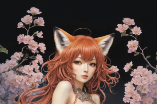 kitsune,garden-fox tail,fox,redfox,fantasy portrait,dhole,cute fox,red fox,a fox,foxes,faerie,vulpes vulpes,little fox,child fox,portrait background,faun,fauna,orange blossom,fennec,adorable fox