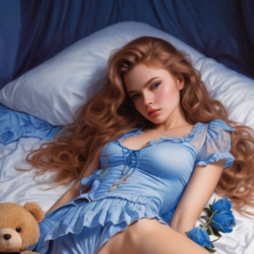 woman on bed,blue pillow,girl in bed,realdoll,cinderella,sleeping beauty,female doll,sleeping rose,bed,blue hydrangea,the sleeping rose,relaxed young girl,blue rose,teddies,3d teddy,the girl in nightie,woman laying down,sleeping,blue heart balloons,doll's facial features