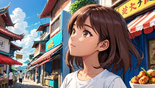 shopping street,anime japanese clothing,asakusa,world digital painting,studio ghibli,convenience store,japanese background,china town,anime cartoon,yui hirasawa k-on,street fair,izakaya,girl with speech bubble,chinatown,street scene,asia,french digital background,hong,market,anime 3d,Anime,Anime,Traditional