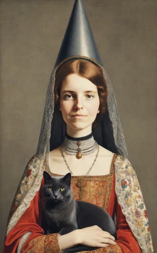 cat sparrow,gothic portrait,cat portrait,napoleon cat,the hat of the woman,portrait of a girl,cat image,cat european,portrait of christi,medieval hourglass,girl with dog,cat,witch hat,conical hat,woman holding pie,figaro,portrait of a woman,vintage cat,girl with bread-and-butter,feline