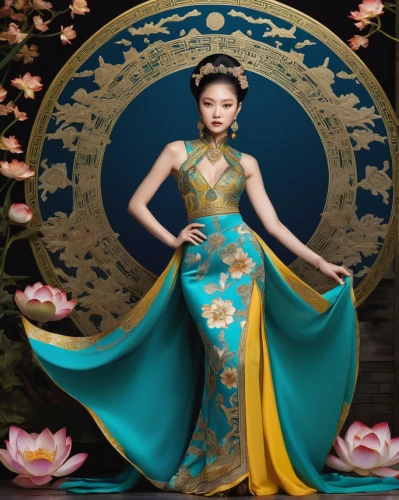 oriental princess,golden lotus flowers,oriental painting,lotus blossom,chinese art,sacred lotus,teal blue asia,chinese style,lotus flowers,taiwanese opera,oriental girl,mulan,lotus flower,lotus with hands,oriental,shuanghuan noble,jasmine blue,water lotus,miss vietnam,lotus,Illustration,Realistic Fantasy,Realistic Fantasy 08