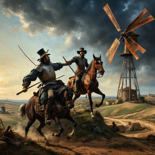 don quixote,the windmills,western riding,windmills,american frontier,man and horses,windmill,game illustration,western,dutch landscape,dutch windmill,david bates,gunfighter,wind mills,wind mill,cowboy mounted shooting,bremen town musicians,wild west,hunting scene,wind vane,Photography,General,Fantasy