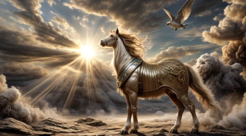 golden unicorn,pegasus,arabian horse,arabian horses,fantasy picture,unicorn background,fantasy art,equine,unicorn art,alpha horse,mythological,dream horse,horus,white horse,golden sun,pegaso iberia,horseman,bronze horseman,equines,carousel horse