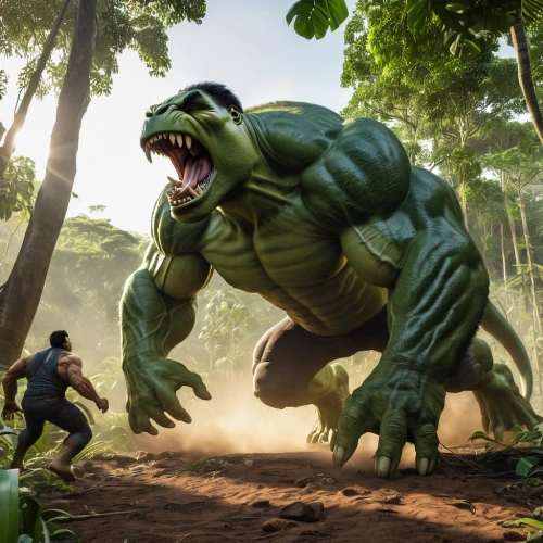 game illustration,avenger hulk hero,jurassic,tree-rex,concept art,raptor,incredible hulk,game art,cg artwork,dinosaruio,t-rex,tyrannosaurus,gorgonops,hulk,tyrannosaurus rex,trex,landmannahellir,dino,aaa,rex,Photography,General,Realistic