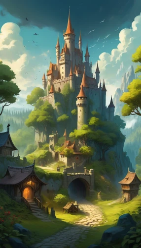 fantasy landscape,fairy tale castle,fairy village,fantasy world,knight village,fantasy city,fantasy picture,fairy world,fairytale castle,fantasy art,3d fantasy,world digital painting,hogwarts,cartoon video game background,mountain settlement,home landscape,knight's castle,fairy tale,mushroom landscape,castel,Illustration,Realistic Fantasy,Realistic Fantasy 01