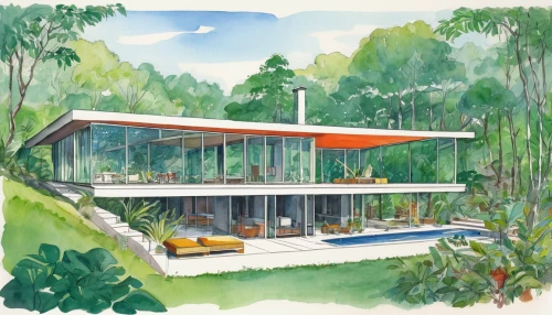 mid century house,mid century modern,house drawing,modern house,pool house,tropical house,house in the forest,holiday villa,garden design sydney,holiday home,dunes house,garden elevation,bungalow,residential house,residence,villa,home landscape,veranda,residential,contemporary,Illustration,Children,Children 01