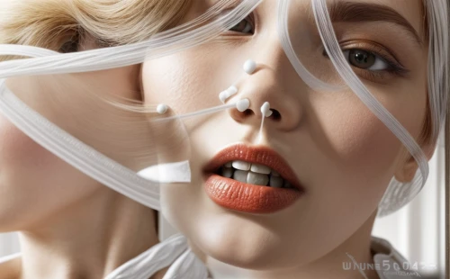white silk,body piercing,covered mouth,plastic wrap,retouching,mosquito net,bridal veil,covering mouth,white lady,veil,conceptual photography,pvc,gloss,airbrushed,lips,retouch,plexiglass,lip gloss,lip,image manipulation