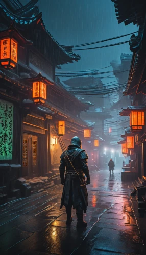 chinatown,samurai,asakusa,shanghai,cyberpunk,goki,kowloon,kyoto,blue rain,tsukemono,walking in the rain,china town,senso-ji,heavy rain,shinobi,xi'an,teal blue asia,sensoji,night scene,lanterns,Photography,General,Sci-Fi