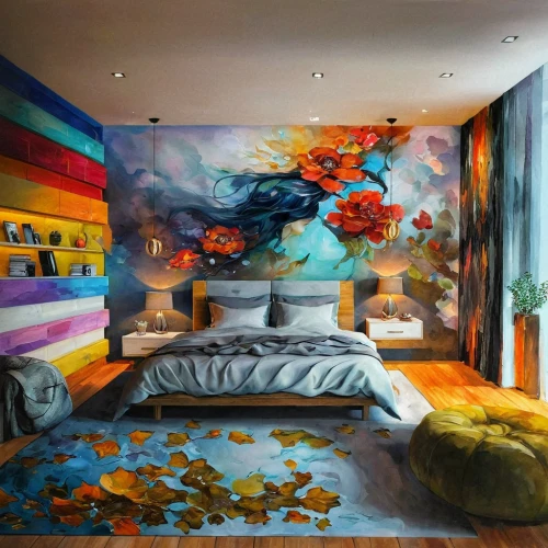 sleeping room,great room,aquarium decor,modern room,bedroom,interior design,graffiti art,guest room,contemporary decor,modern decor,painted wall,children's bedroom,wall decoration,sky apartment,wall painting,interior decoration,hotelroom,wall paint,hotel room,wall art,Illustration,Paper based,Paper Based 04